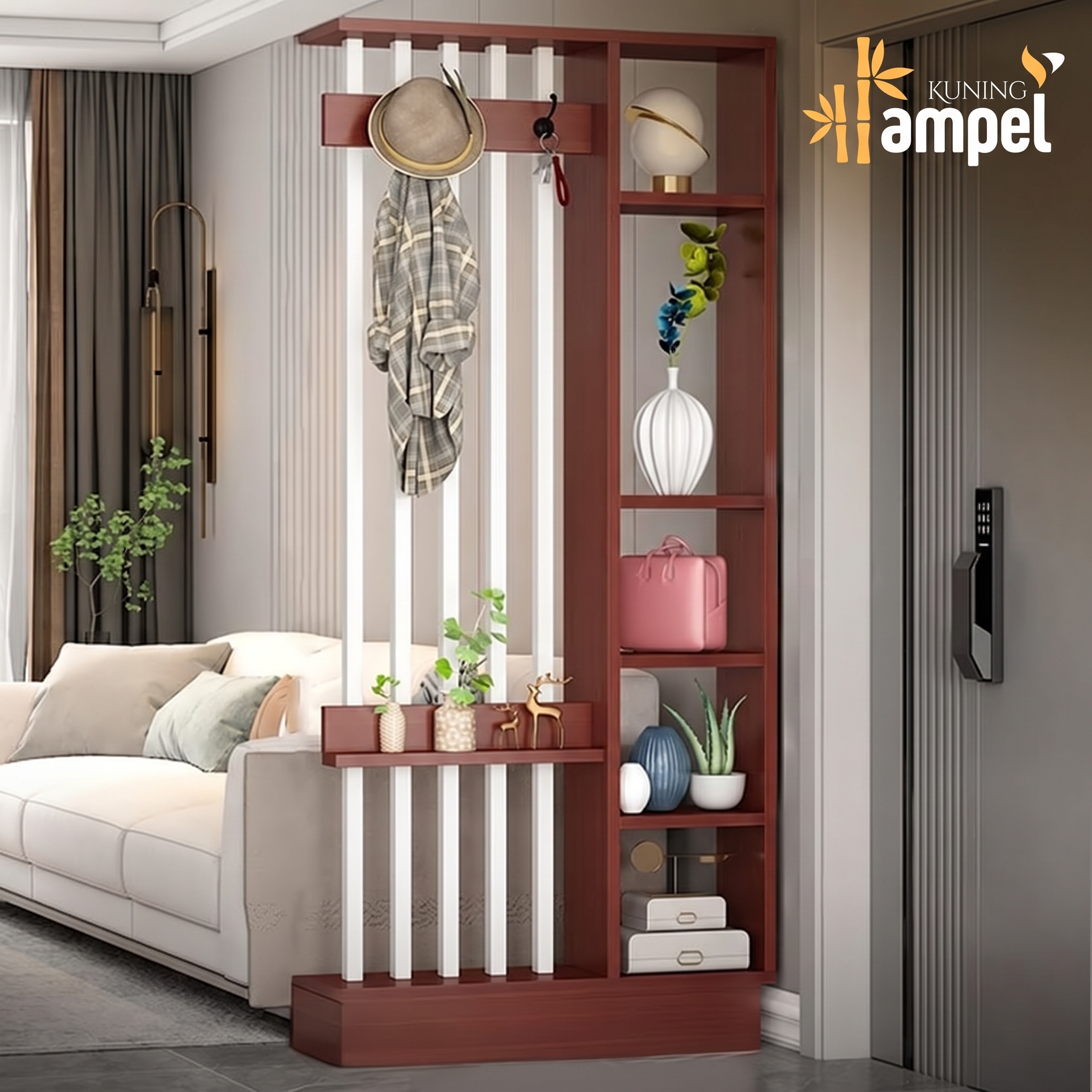 Partisi Ruangan Kayu Minimalis Modern Rak Pajangan Dinding Sekat Ruang Tamu Cokelat