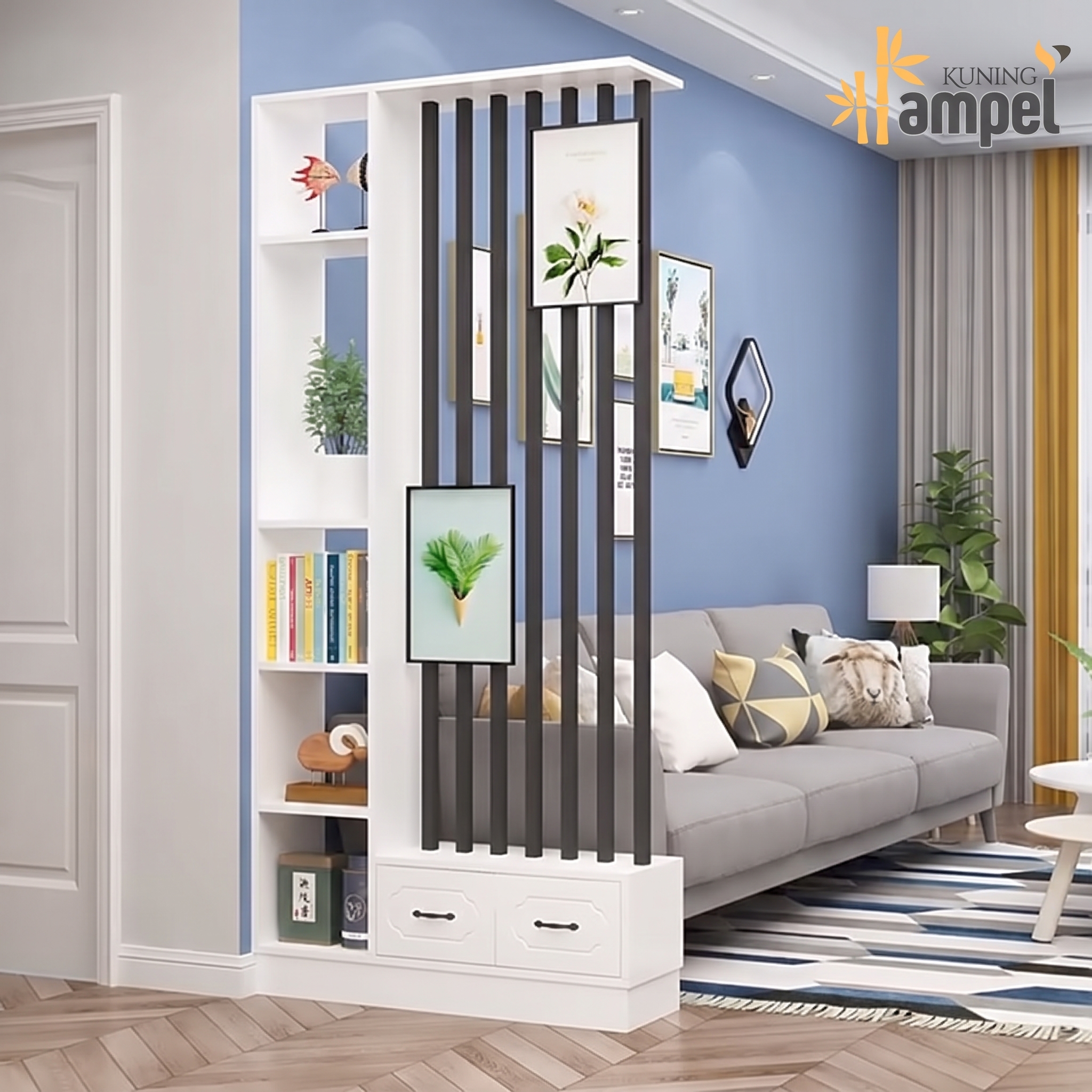Partisi Ruangan Kayu Minimalis Industrial Dual Tone Sekat Ruang Tamu Rak Buku